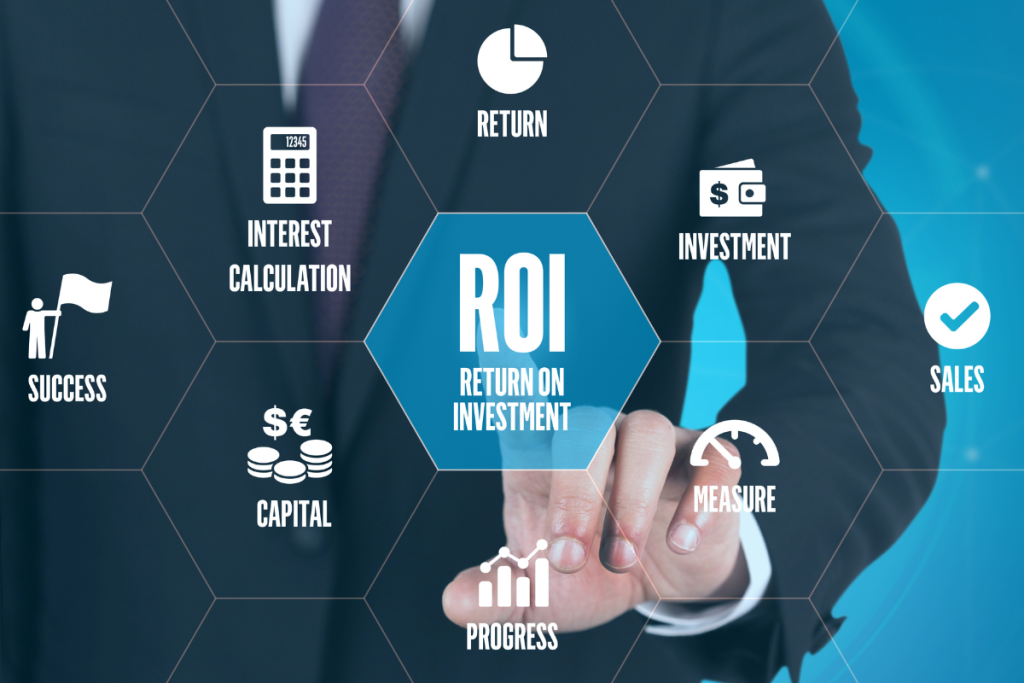 HR professional analyzing technology ROI metrics on digital dashboard with charts showing productivity gains and cost savings