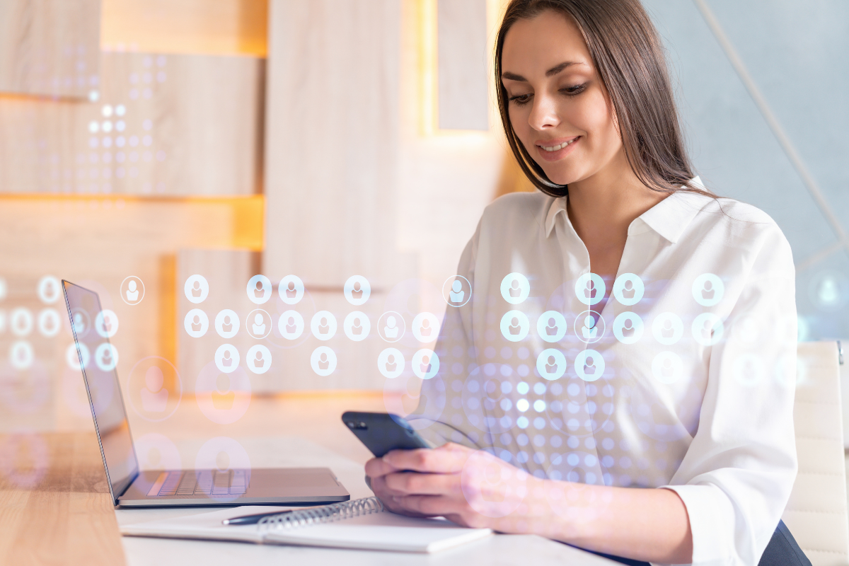 Employees using mobile HR app on smartphones for time tracking and benefits management