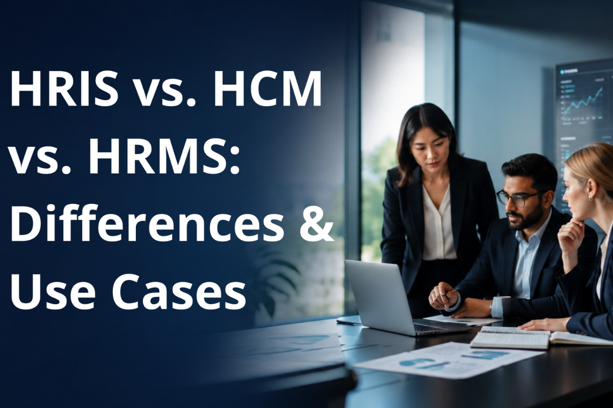Side-by-side comparison of HRIS, HCM, and HRMS platforms on an HR leader's screen