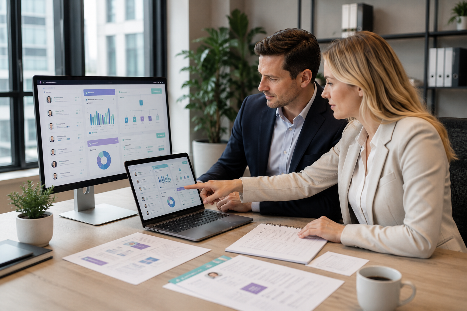 HR leaders reviewing HRIS system selection criteria on a laptop