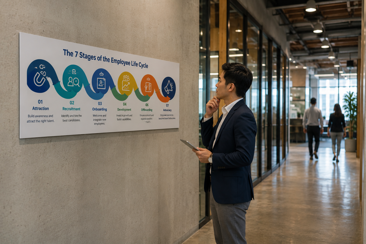 Infographic showing the 7 stages of the employee life cycle from attraction to advocacy