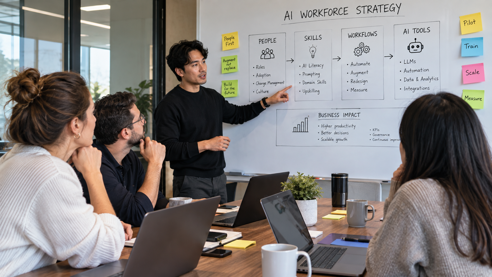 Leadership team mapping an AI workforce strategy across people, skills, workflows, and AI tools