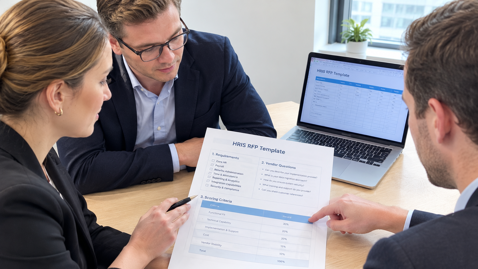 HR leaders reviewing an HRIS RFP template with requirements, vendor questions, and scoring criteria