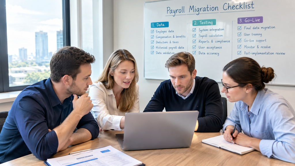 Payroll migration checklist showing data, testing, and go-live steps