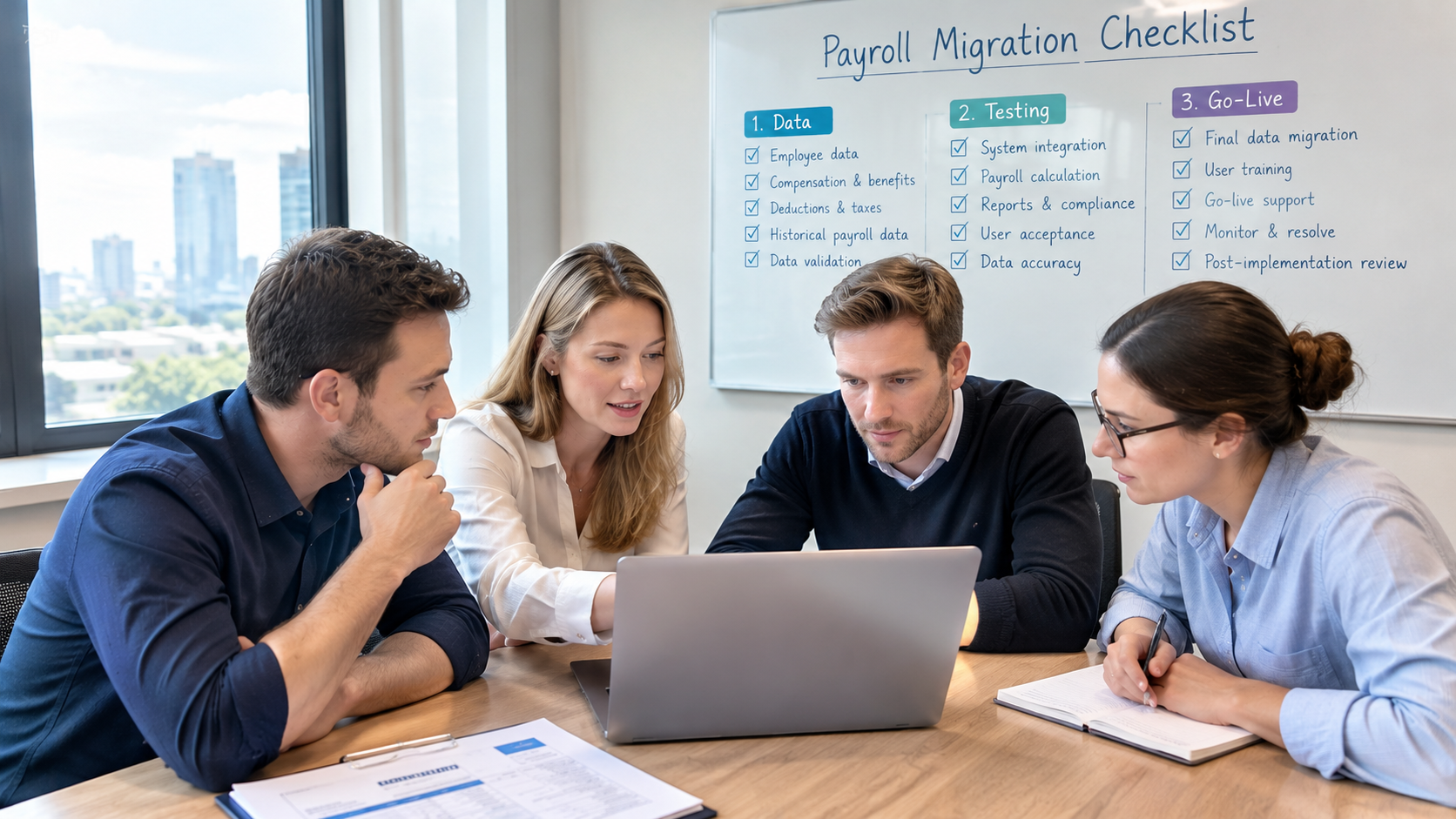 Payroll migration checklist showing data, testing, and go-live steps